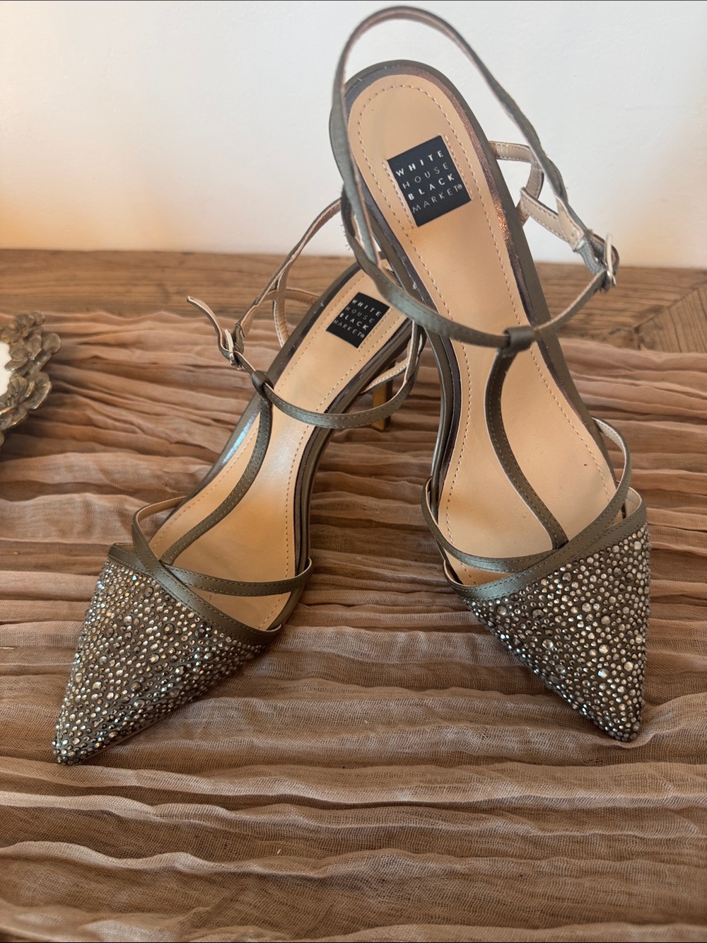 White House Black Market Taupe/ Greyish  Crystal Pointed Slingback Heels